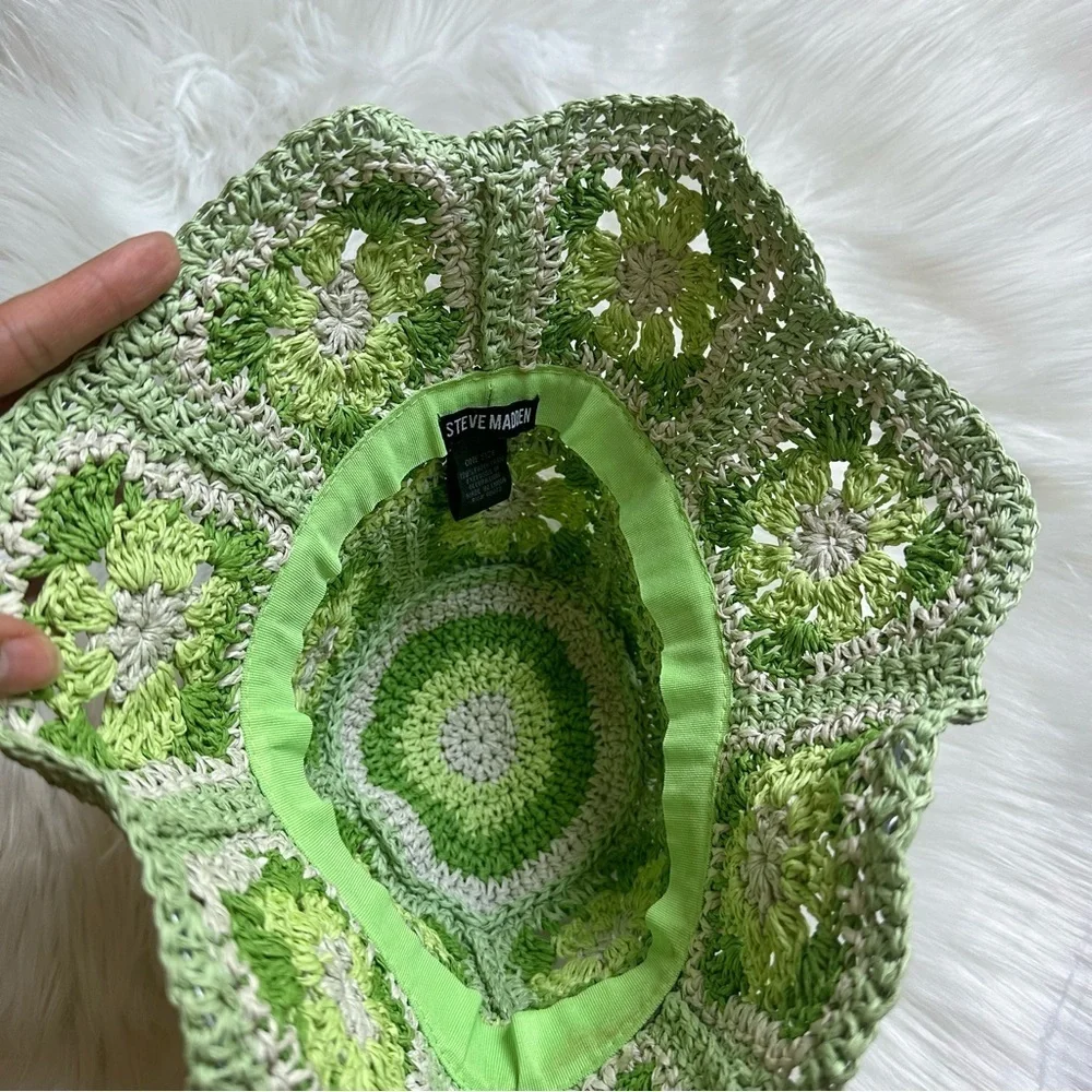 Steve Madden Crochet‎ Floral Paper Straw Granny Square Bucket Hat Lime Green